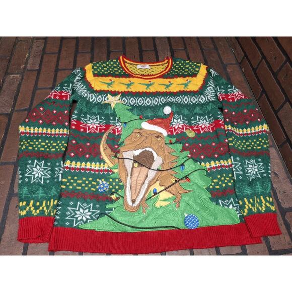 Holiday Time T-REX Dinosaur Ugly Christmas Party Sweater Large Knitted Unisex - Picture 1 of 4